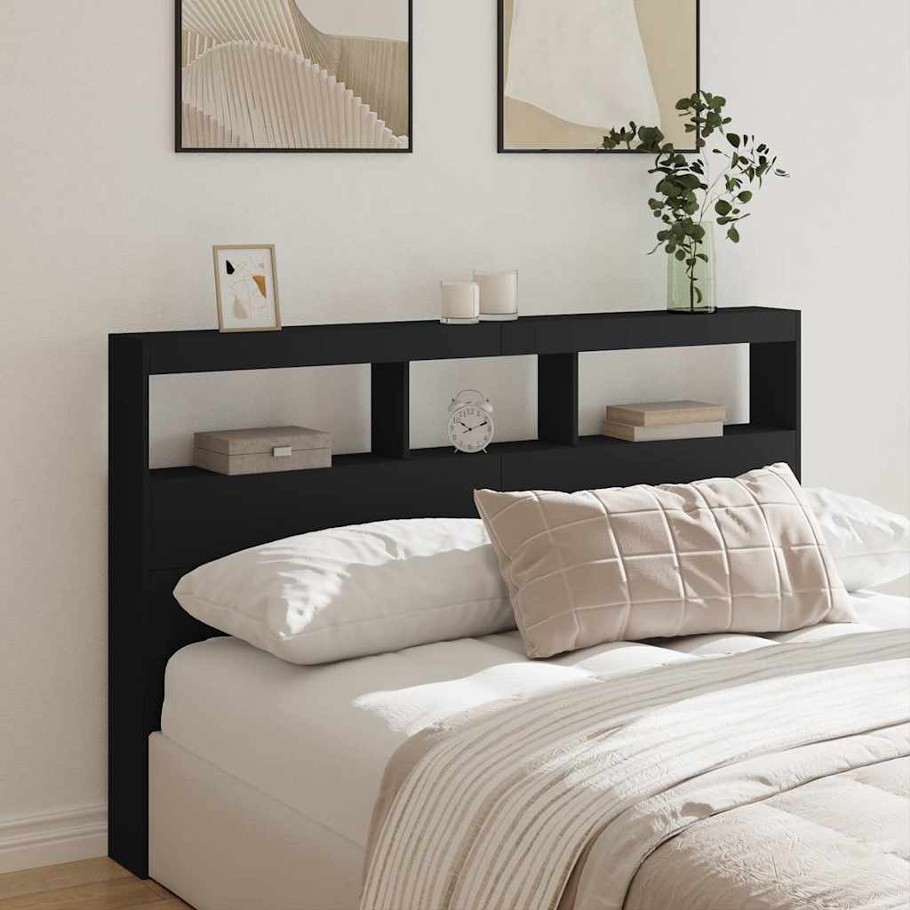 LED Headboard with Shelves Black 160 x 17 x 102 cm