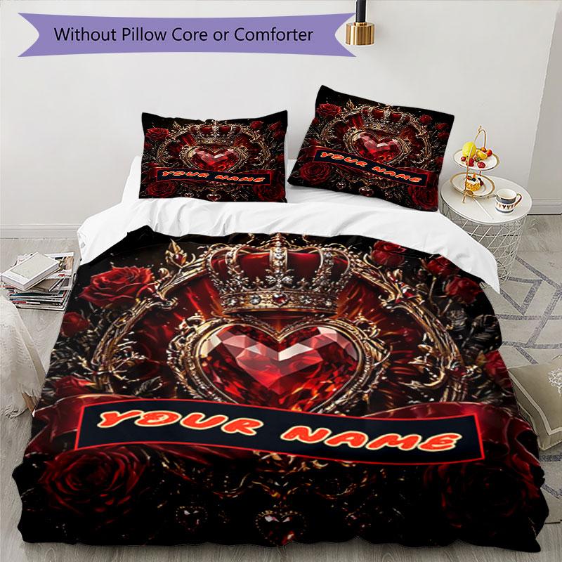 3PC Custom Name Royal Heart Crown Bedding Set Duvet Cover Closure Includes 1 Duvet Cover & 2 Pillowcases for Bedroom
