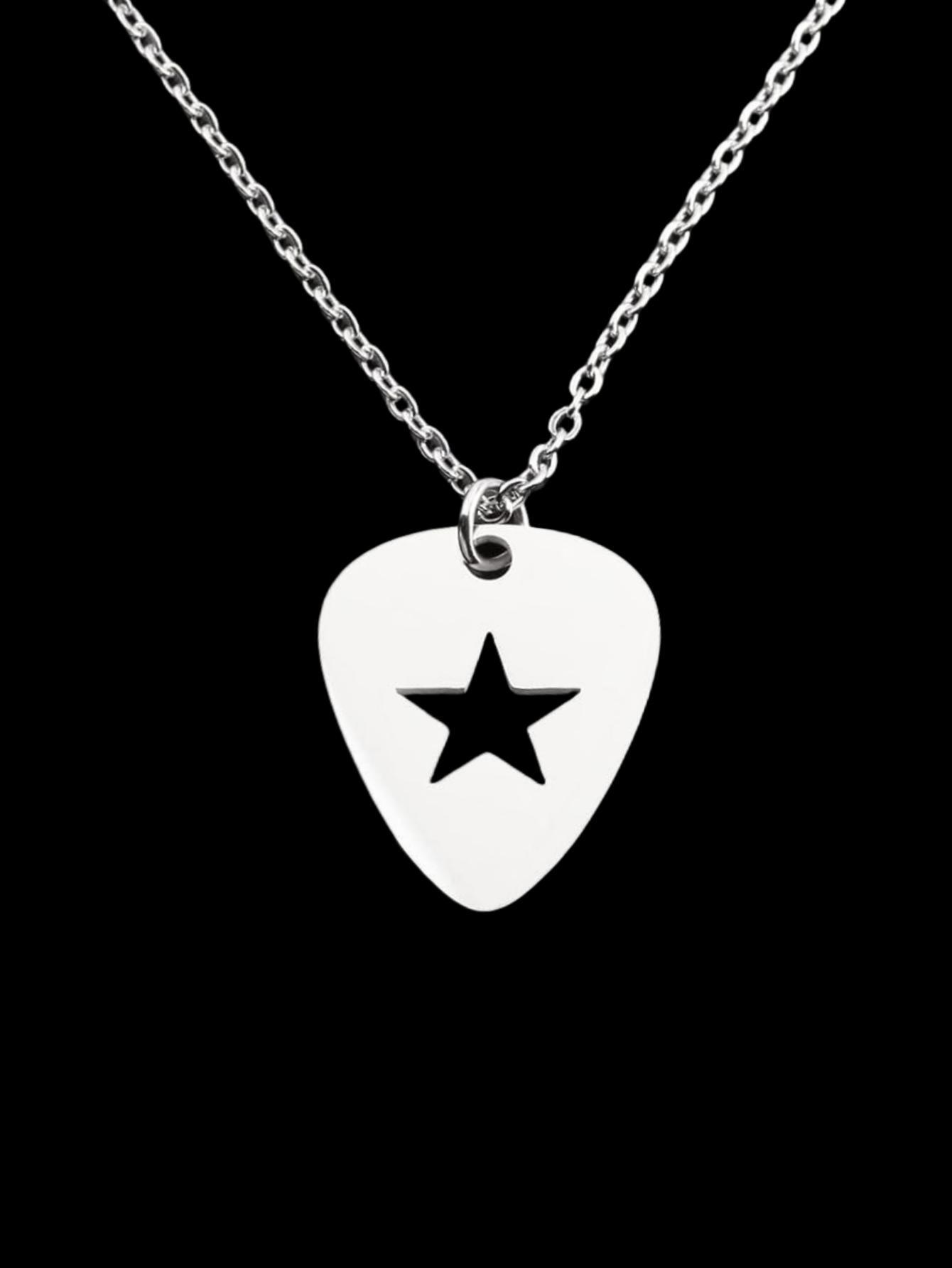 

Hip-hop Punk Sliver Color Guitar Pick Hollowed-out Five-pointed Star Pendant Cross Chain Necklace for Women Collar Chain Jewelry