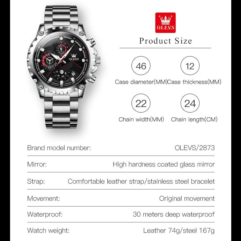 OLEVS Merkeklokke lysende stor urskive multifunksjons herreklokke herreklokke