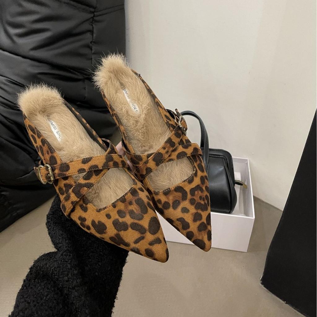2025 autumn new suede one-word with real rabbit fur thick-soled outer wear half drag inner thick-soled leopard print women's tide shoes