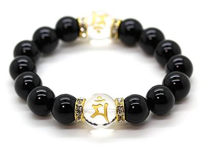 Bracelet en or sculpté avec caractère sanskrit, pierre naturelle de 14 mm, onyx, perles de prière de 12 mm, homme Bodhisattva Monju [Sekki] né du lapin [b346]