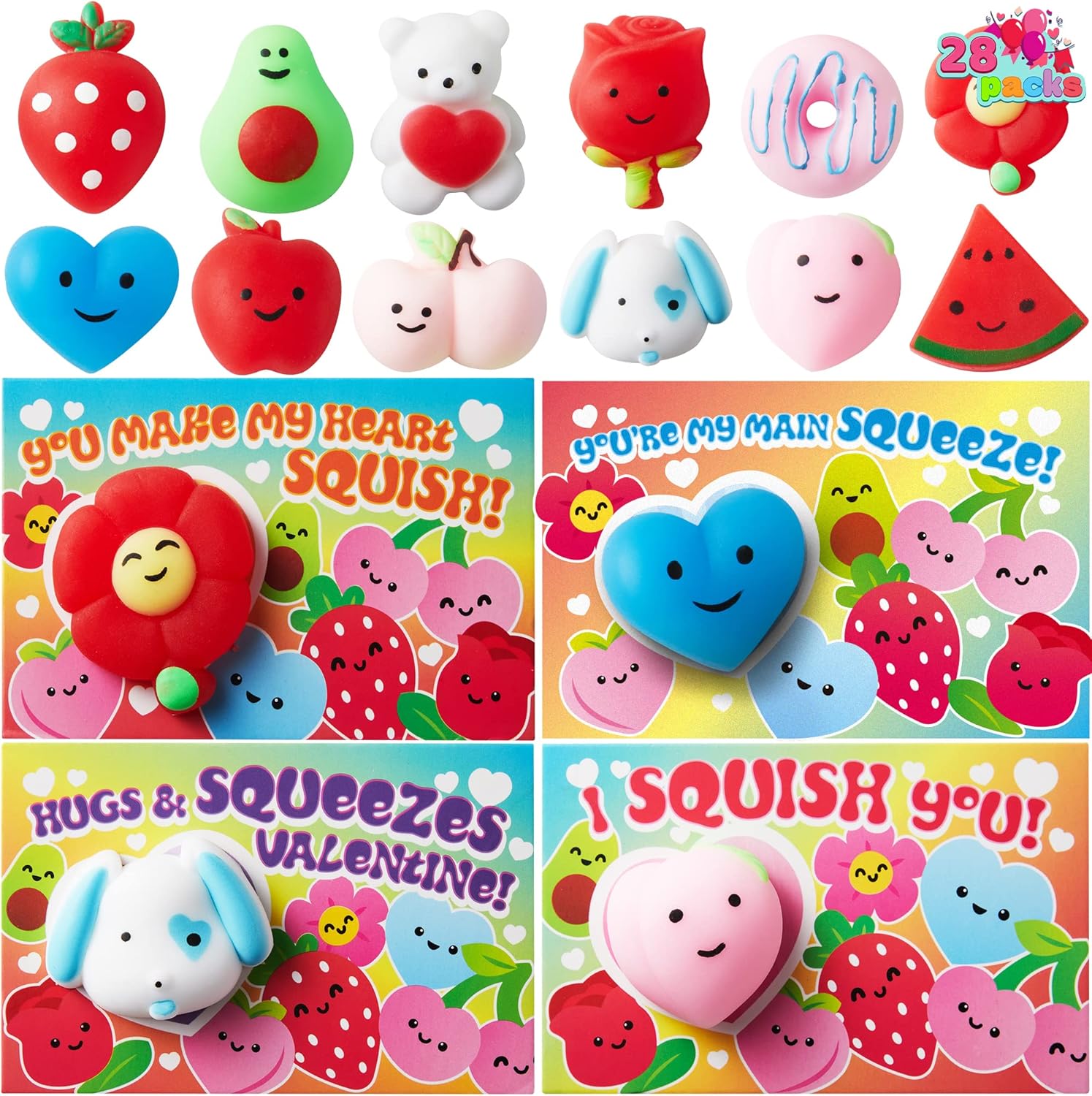 JOYFY 28 Packs Valentines Day Gift Cards with Mochi Squishy Kawaii Mochi Squishy Stress Relief Fidget Valentine Party Favor