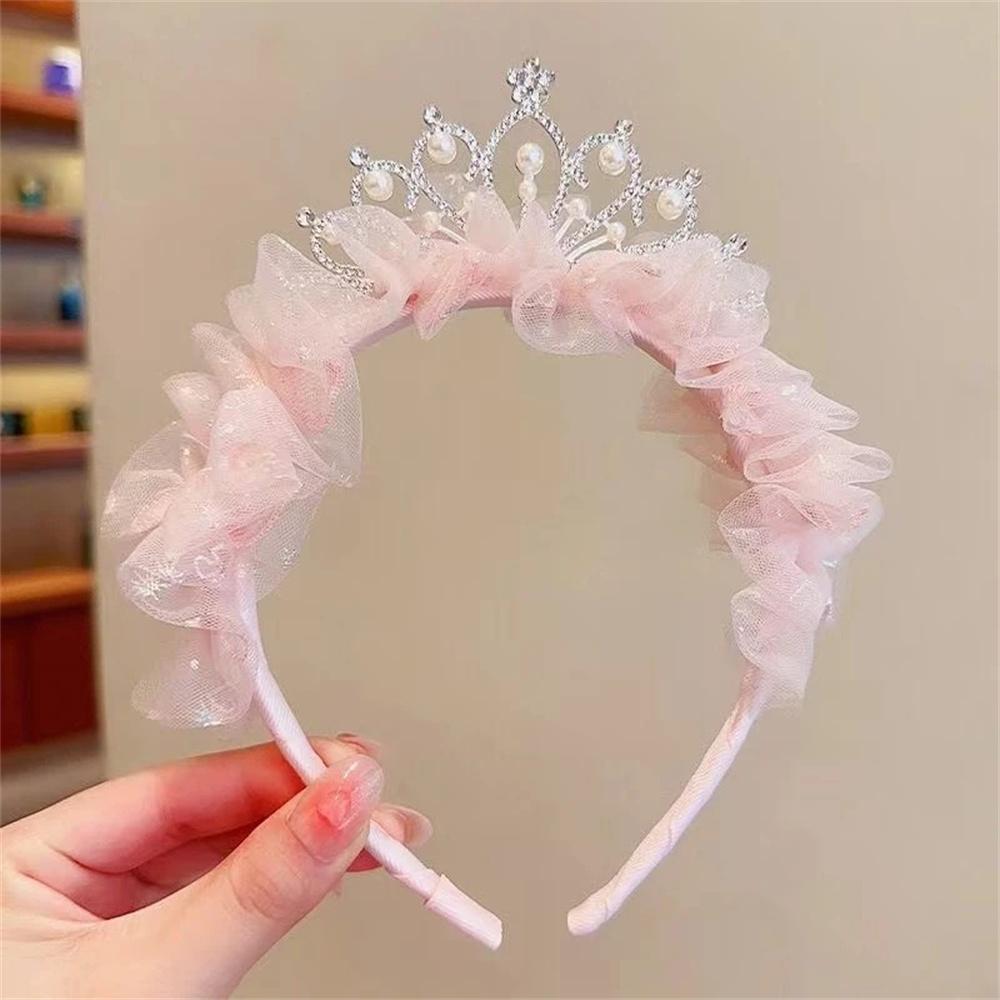 

1 Piece Sweet Princess Headband for Girl Mesh Pearl Crown Hair Hoop for Children Birthday Party Headwear Kids Hair Accessories розовый