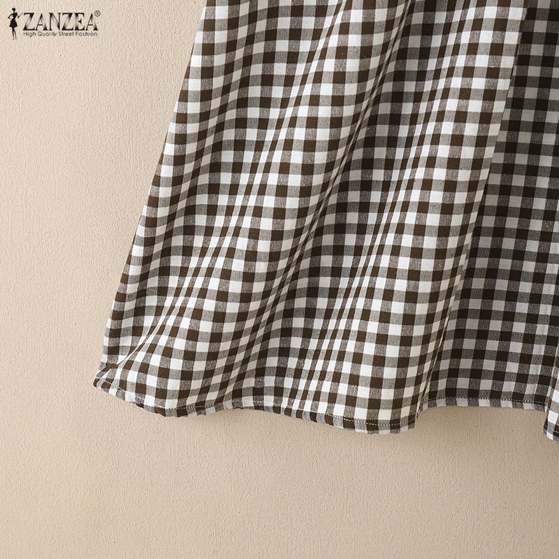ZANZEA Women Casual Round Neck Short Sleeve Summer Plaid Print Dress