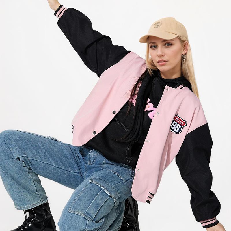 

Женская бейсбольная куртка свободного покроя с длинным рукавом и принтом в виде букв, с яркими цветовыми сочетаниями XL розовый