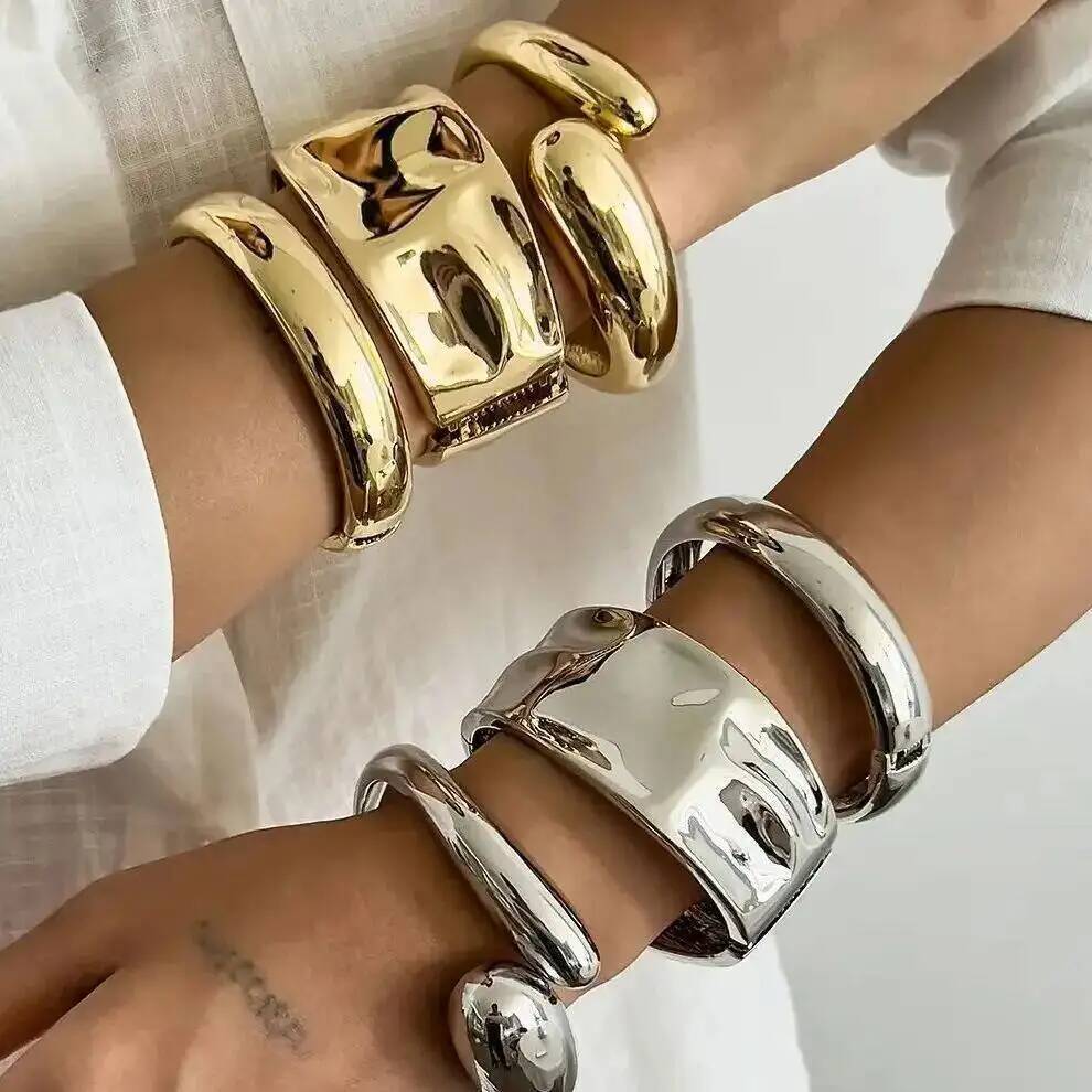 IngeSight.Z 3 Styles Exaggerated Punk Geometric Spring Bangle Women Irregular Chunky Metal Cuff Bracelet Steampunk Jewelry Gift