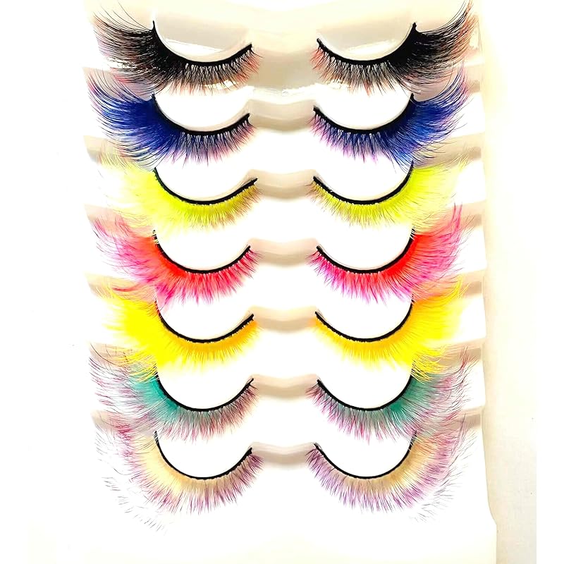 Sunniess Ombre Colored Lashes Silk Protein Fluffy Wispy Volume Fake Lashes for Halloweens Cosplay Party Stage Russian D Curl Lashes with Color Make