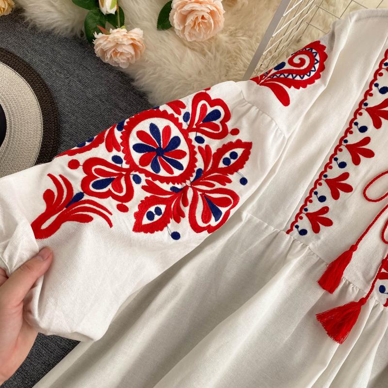 embroidered lantern sleeve tassel tie smock dress Elegant Womens Plus Floral Embroidery Tassel Tie Guadeloupe
