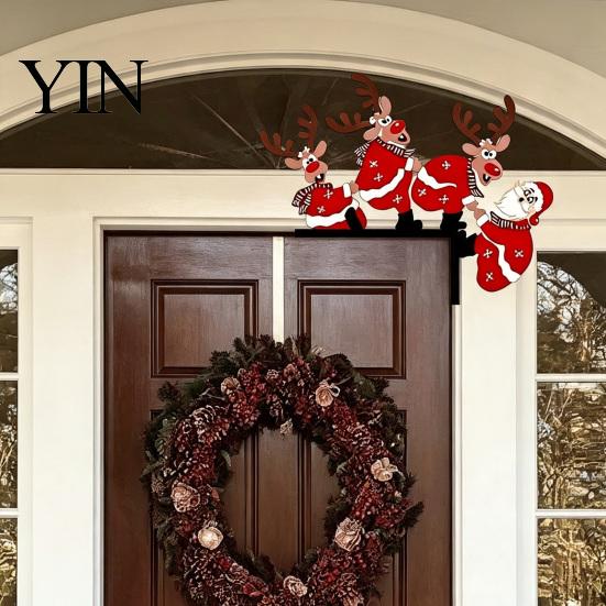 Wooden Holiday Door Corner Sign Christmas Frame Decor, Santa Reindeer Topper Indoor Art Ornament, Creative Table EdgeDecoration for Home Shop