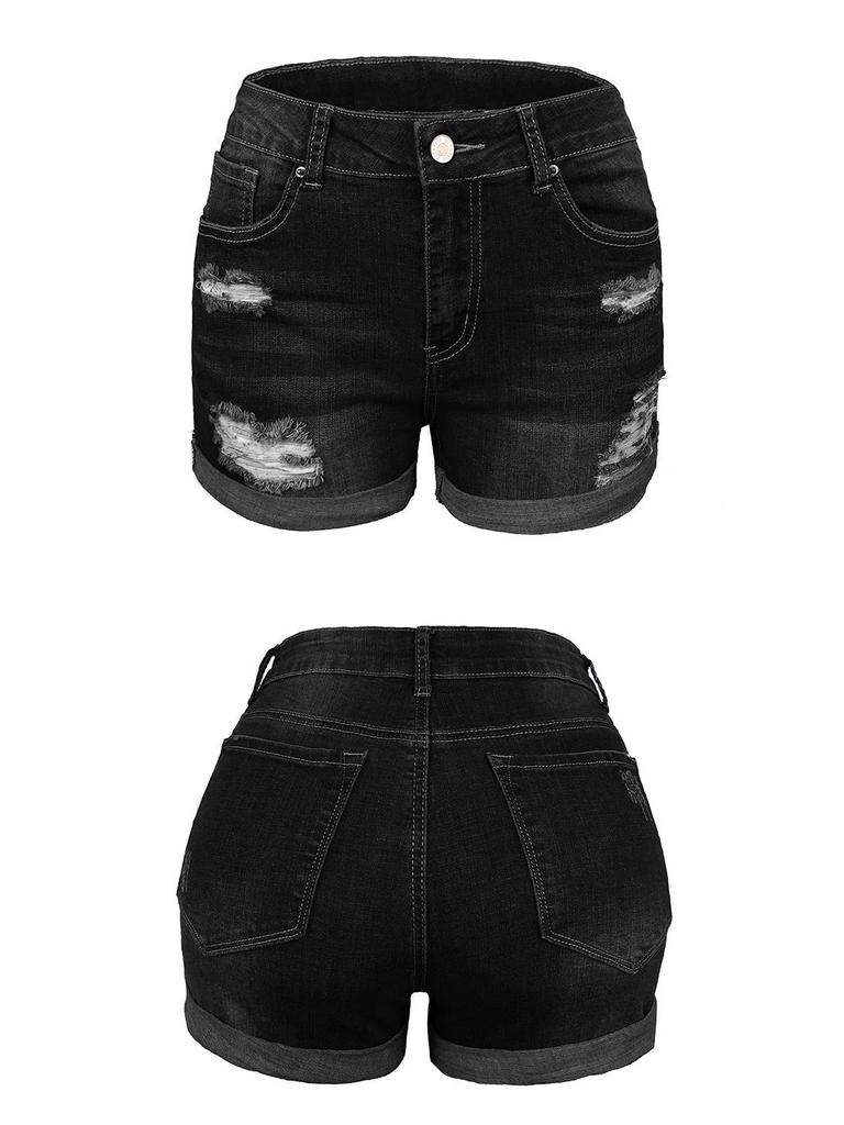 2021 Women's Elastic Mid-Waist Ripped Denim Shorts