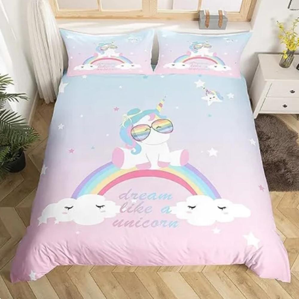 Rainbow Duvet Cover Cartoon Bed Room 3-Piece Set Children Cute Polyester Soft Breathable Comforter Animation Bedding