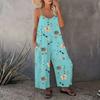Summer Women Jumpsuit Adjustable Spaghetti Strap Backless Sleeveless Wide Leg Loose Floral Print Deep Crotch Side Pockets Pleated Vacation