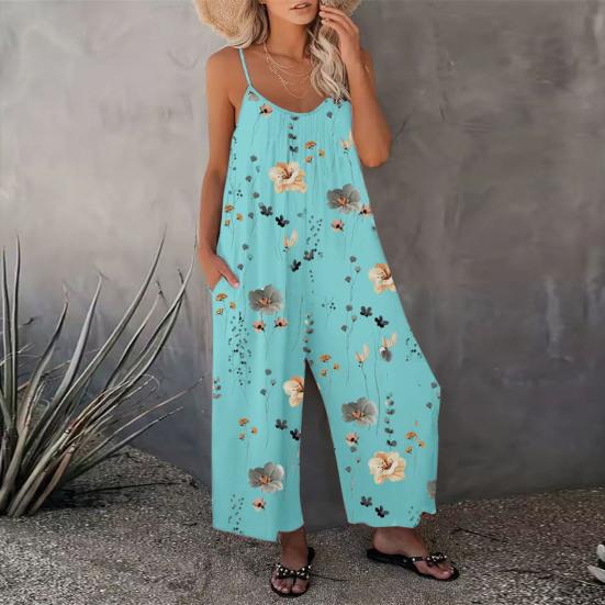 Summer Women Jumpsuit Adjustable Spaghetti Strap Backless Sleeveless Wide Leg Loose Floral Print Deep Crotch Side Pockets Pleated Vacation