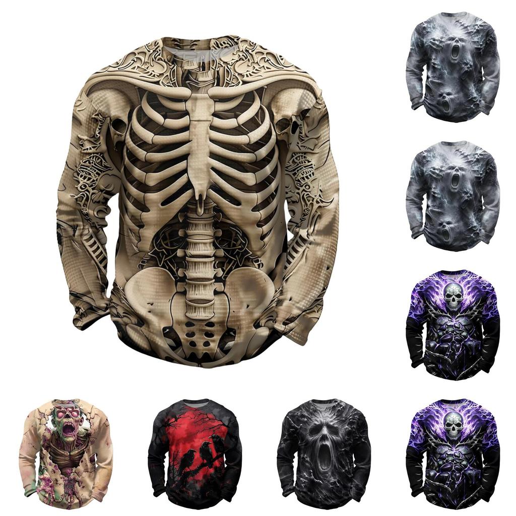 Men's Casual Knit Long Sleeve Neck T-Shirt with Halloween Print for Parties and Fall Daily Wear