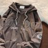 Letter Embroidered Hooded Pocket Loose Casual Sweatshirt Cardigan Jacket