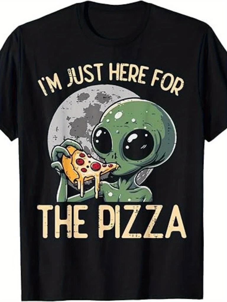 Men's Alien Just Here for Pizza Funny Graphic T-Shirt - Retro 80s Pop Culture Design with G
