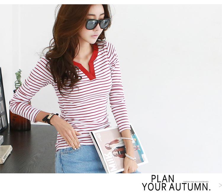 Camiseta de Manga Larga con Cuello en V a Rayas para Mujer, Talla Grande, Otoño/Primavera, Estilo Coreano, Diseño Adelgazante y Versátil
