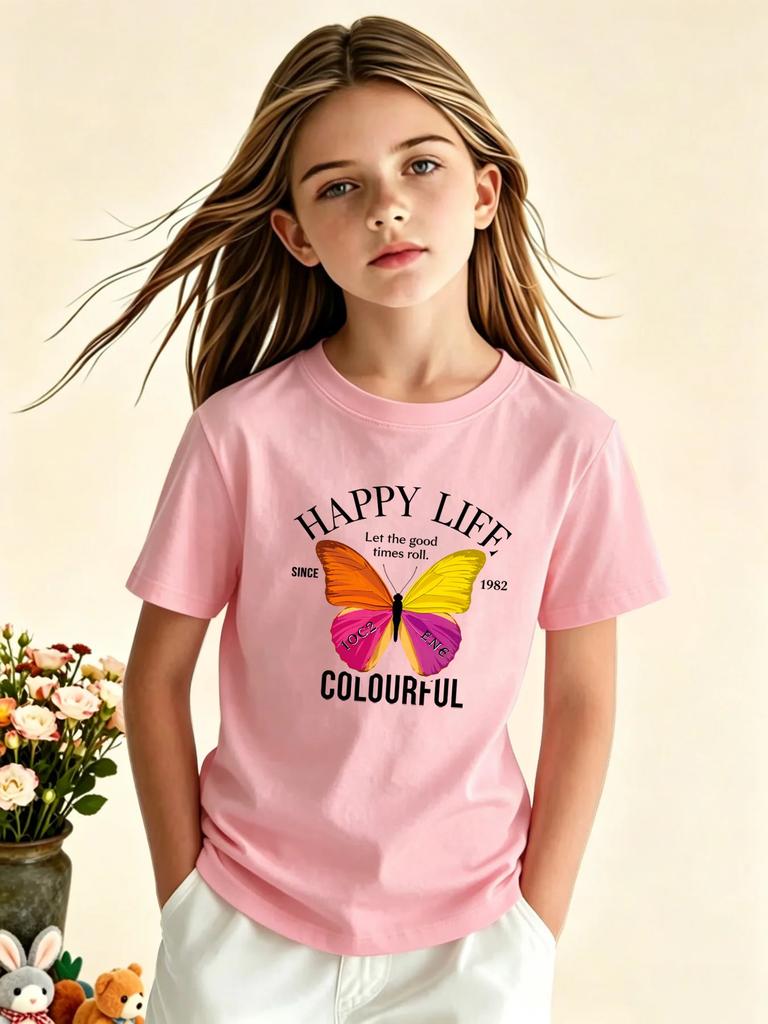 Black Girls Short Sleeve Tee Happy Life Colourful Slogan Vibrant Gradient Butterfly Retro Letter Graphic Casual Daily Top