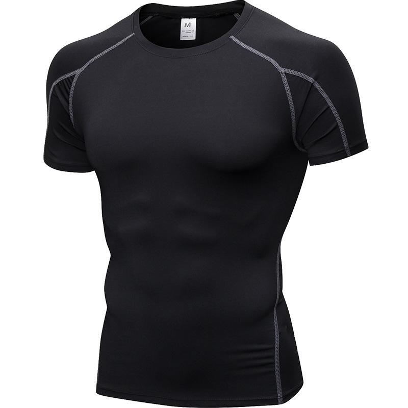 Men Gym Workout Short Sleeve Compression Shirt Tight Fit Quick Dry Athletic Top Black Red
