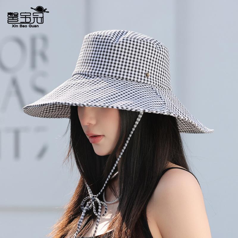 Plaid big eaves hat children summer outdoor travel sunshade bucket hat show face small versatile sunscreen sun hat