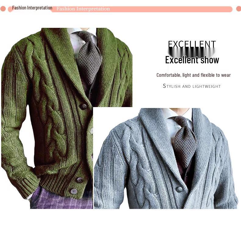 Pánský svetr s klopou a dlouhým rukávem, pletený copánkovým vzorem, jako kabátek - Podzimní/Zimní kolekce 2025