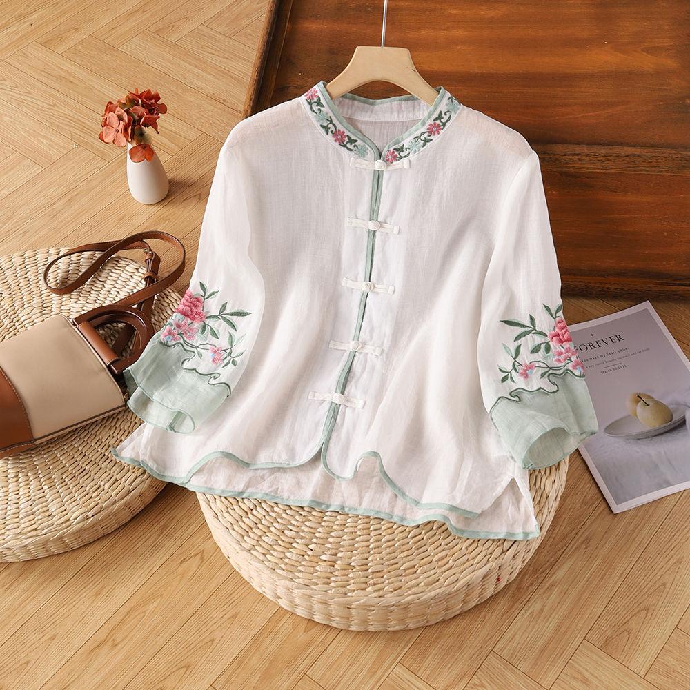 Cotton Linen New Summer Retro Ethnic Embroidered Shirt Women's Retro Button Color Blocked Seven Quarter Sleeve Top Loose Fit