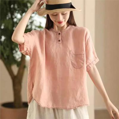 Women Vintage Patchwork Pockets T-Shirts O-Neck Short Sleeve Solid Color Summer Loose Casual T-Shirts