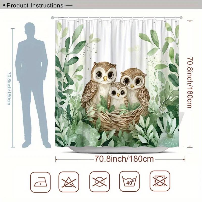 

1Pc Polyester Shower Curtain - 3 Wise Owls Nest Design, 70.8X70.8 , Washable With 12 Hooks, Lush Greenery & Twigs Theme W60H190(CM)-1 Pcs
