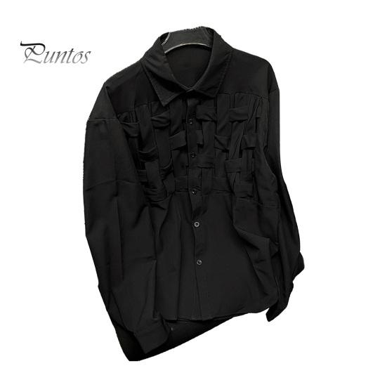 

Мужская повседневная рубашка с лацканами и длинными рукавами, топы с полой тесьмой, однотонные топы, весенне-осенние свободные посадки L чёрный