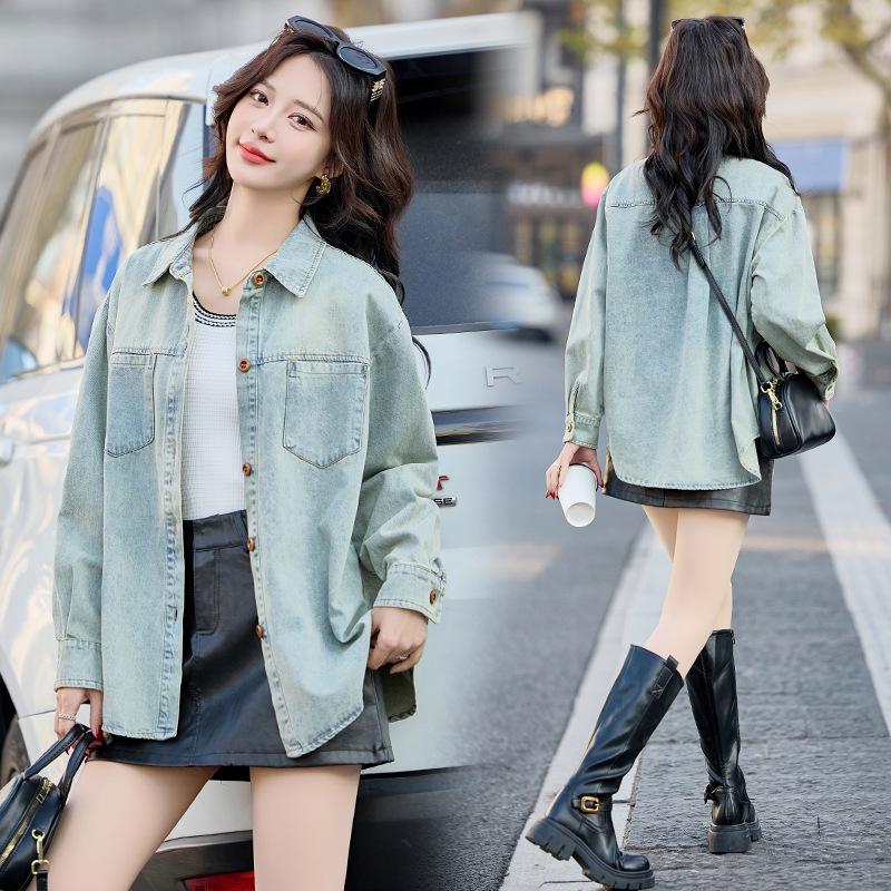 

Женская джинсовая куртка свободного кроя на весну 2025 года - Повседневная модель с длинными рукавами в корейском стиле Y2509 M for 90-110 jin