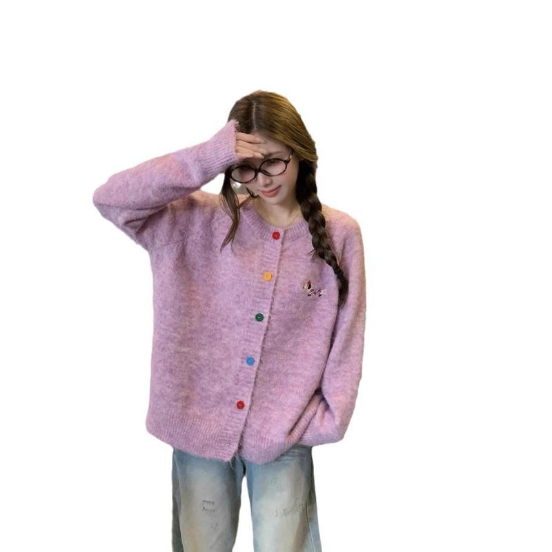 Lazy wind color buckle design cartoon pattern knitted cardigan sweater women's autumn sweet soft waxy loose coat