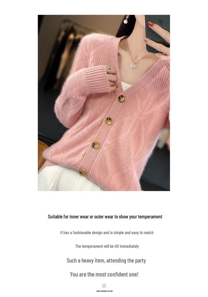 Women's Long Sleeve V-Neck 100% Pure Wool Cardigan - Autumn/Winter Loose Knit Sweater Coat