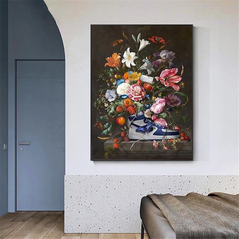 Still Life Flowers In European Vintage Canvas Painted Sports Shoes Nordic Art Posters and Prints Family Room Cuadros