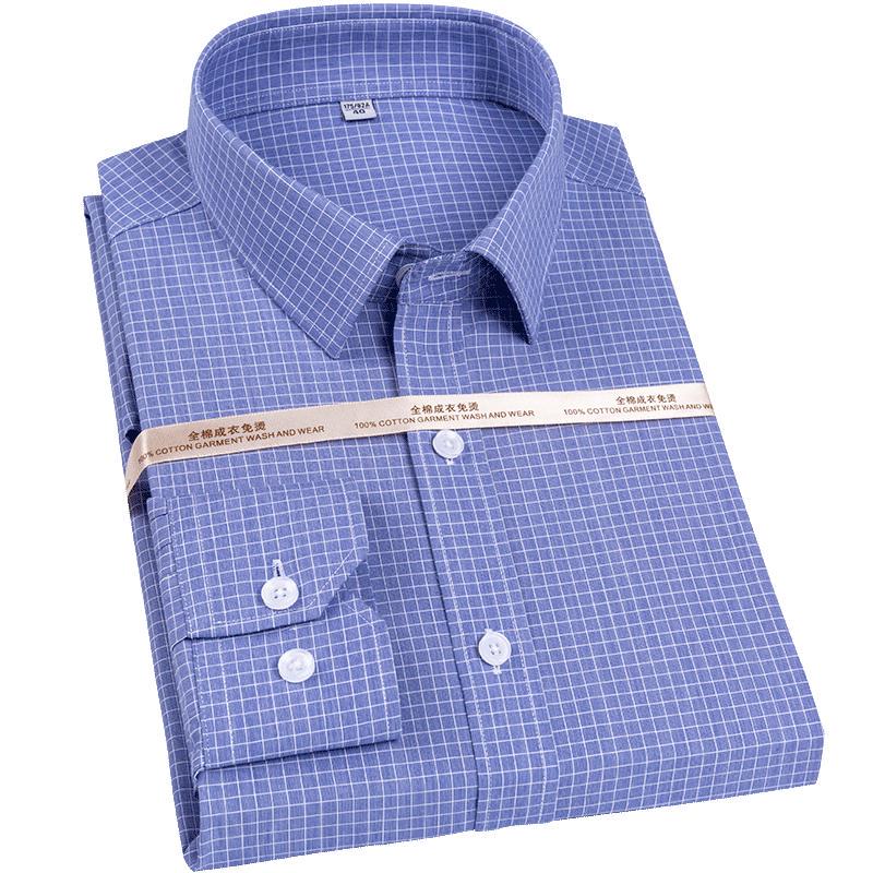Official Formal Pure Cotton Iron Free Square Collar Business Men Plaid Shirts Long Sleeve Anti Wrinkle