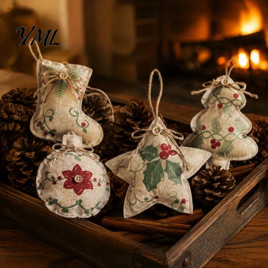 Farmhouse Christmas Stocking Ornaments Burlap Ornaments, Rustic Linen Fabric Hanging Decoration, Tree Ball Vintage Style Xmas Decor Star Shaped