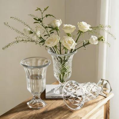 European Luxury High-Footed Crystal Embossed Glass Vase & Candlestick for Living Room or Dining Table Decor.