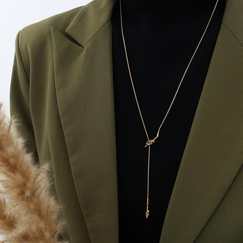 Korean Ins Fashion Trendy Autumn Winter Long Heart-Shaped Knotted Sweater Adjustable 18K Gold Plated Stainless Steel Pendant