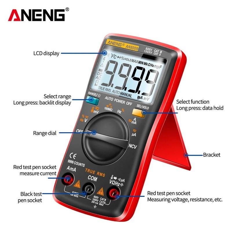 Mini Digital Multimeter ANENG AN8009 True RMS Transistor Tester Auto-Range Automotive Capacitor Tester Temp Diode Tool