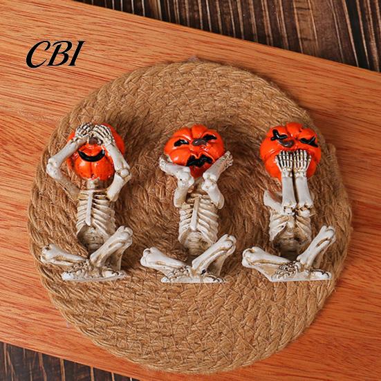 Resin Pumpkin Decor 3 Pcs Halloween Skeleton Statue, Hear See Speak No Evil Head Distressed Craft Figurine, Spooky Skull Ornament for Mantel,