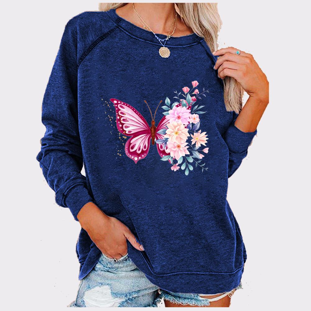 

Женская мода с длинным рукавом и принтом бабочки, весенне-осенняя свободная толстовка с круглым вырезом