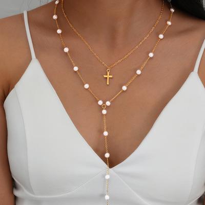 New 2Pcs/Set Cross Long Pearl Tassel Necklace for Women Simple Gold Color Multilayer Pendant Necklaces Set Fashion Party Jewelry