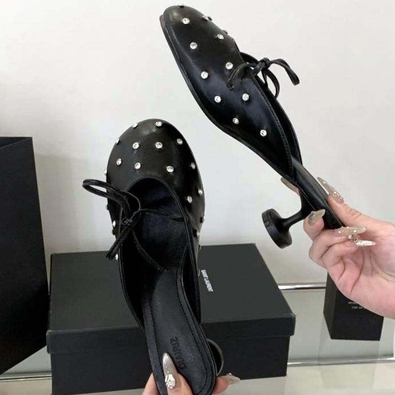 Luxury Rhinestone Bow High Heel Shoes for Woman Round Toe Thin Heel Designer Slide Sandals Fashion Shallow Comfort Women Sandals