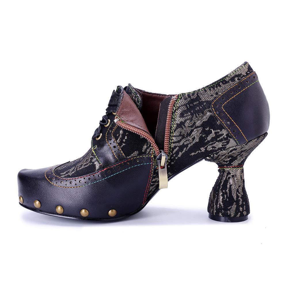 Johnature Handmade Genuine Leather Pumps Retro Patchwork Printed Rivet High Heels Women's Shoes