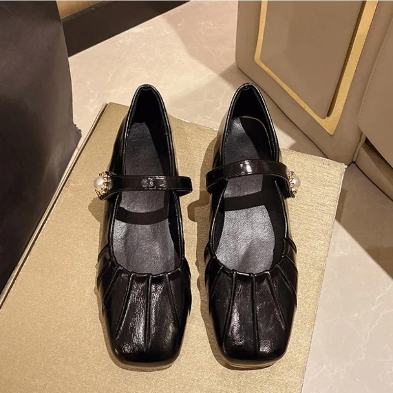 Mary Jane Shoes Glossy Leather Ballet Flats  Fashion Pleated Low Heel Single Shoes for Women Soft Sole Casual Shoes Size 44