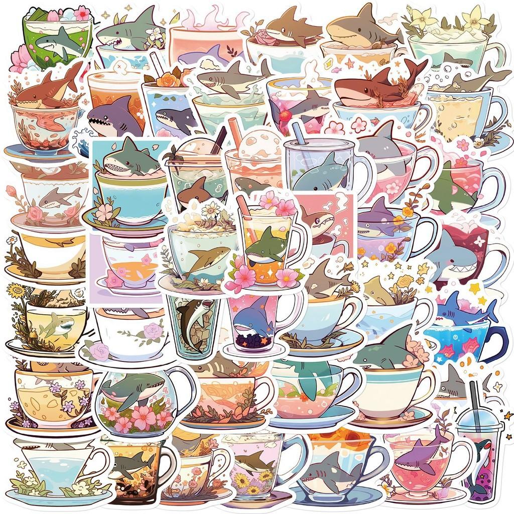 50-Piece Set No Duplicates: Cute Cartoon Shark Cup-Inspired Stickers - DIY Waterproof Decor for Notebooks, Phone Cases