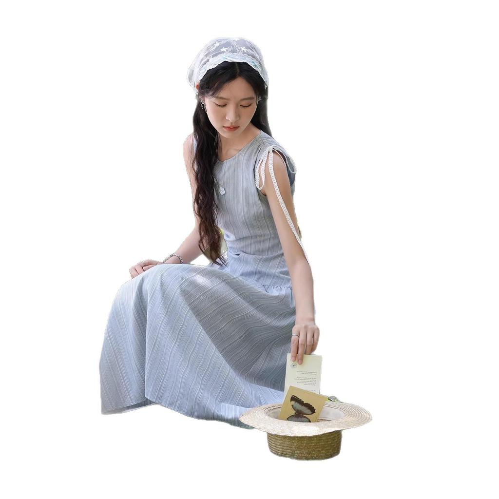 Women's French Blue Elegant Summer Long Dress with Slimming Waist Design