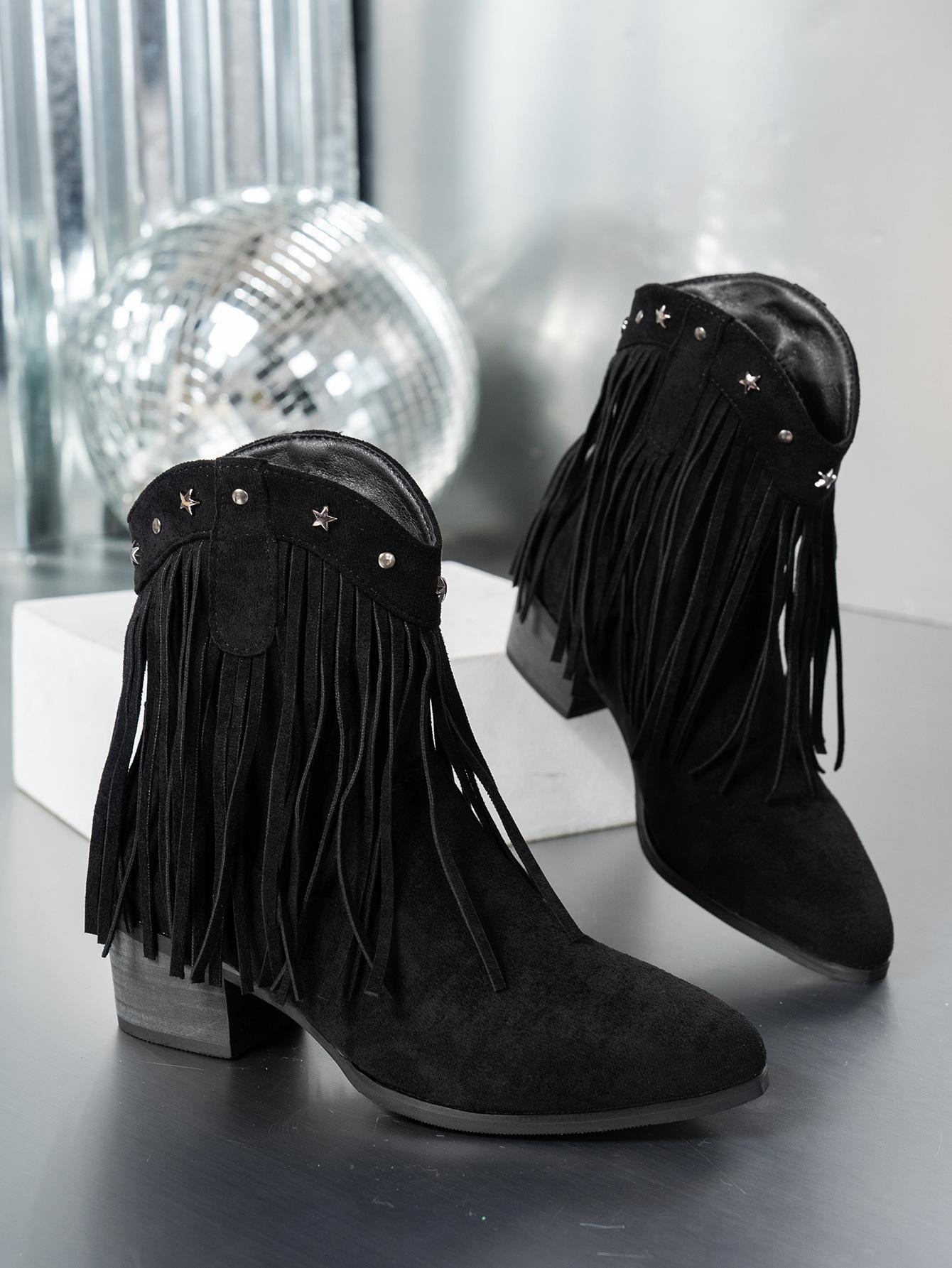 

Spring Pointed Toe Thick Heel Ankle Boots Ladies Tassel Boots Rivet Nonslip Wearresistant Retro Temperament Fashion Womens Boots 43 чёрный