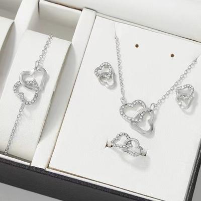 5Pcs/Set Heart Shaped Jewelry Sets Of Ring Earrings Necklace For Women Elegance  Double Heart Jewelry