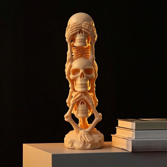 Small Desk Ornament for Men Triple Stacked Skulls Figurine, Spooky See Hear Speak No Evil Skeleton Head Skull Figurine Decor Statue, 3D Printed Gothic